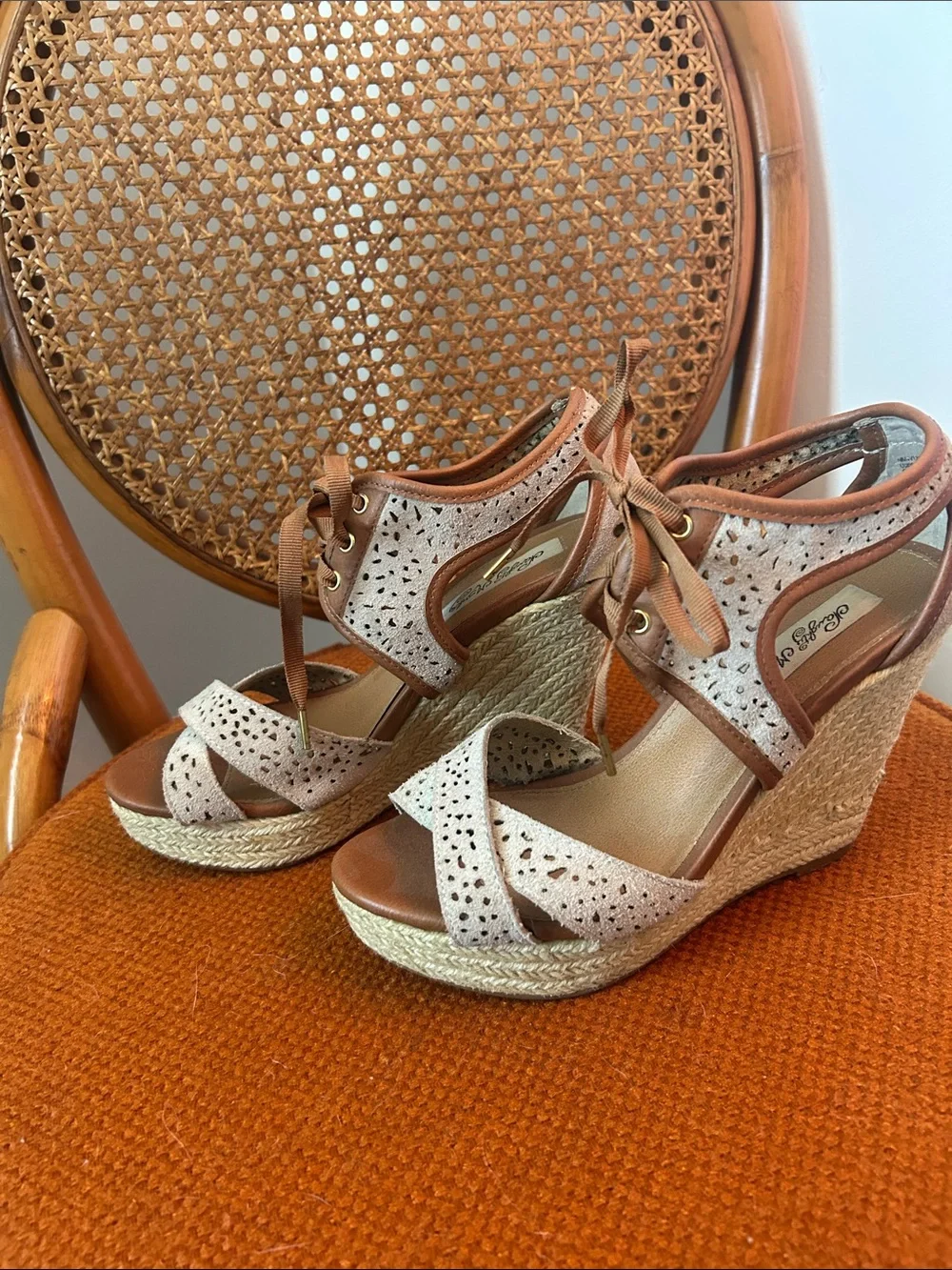 Naughty Monkey Wedge Espadrille  in Light Brown and Cream - Lace-Up Womens Heel